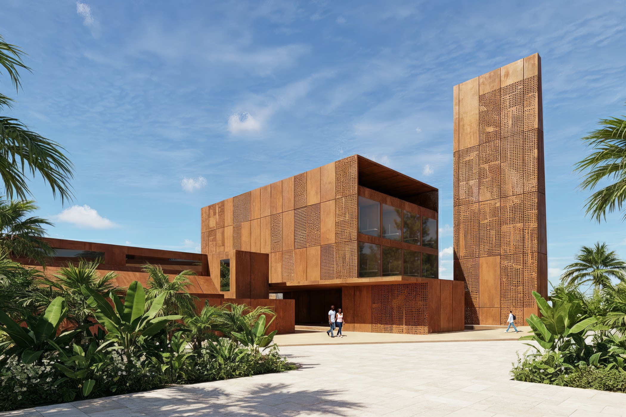 Entrance building and the Solaris stele among palms